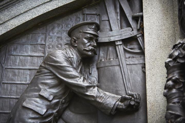 A close up of a man on the Titanic Engineers' Memorial