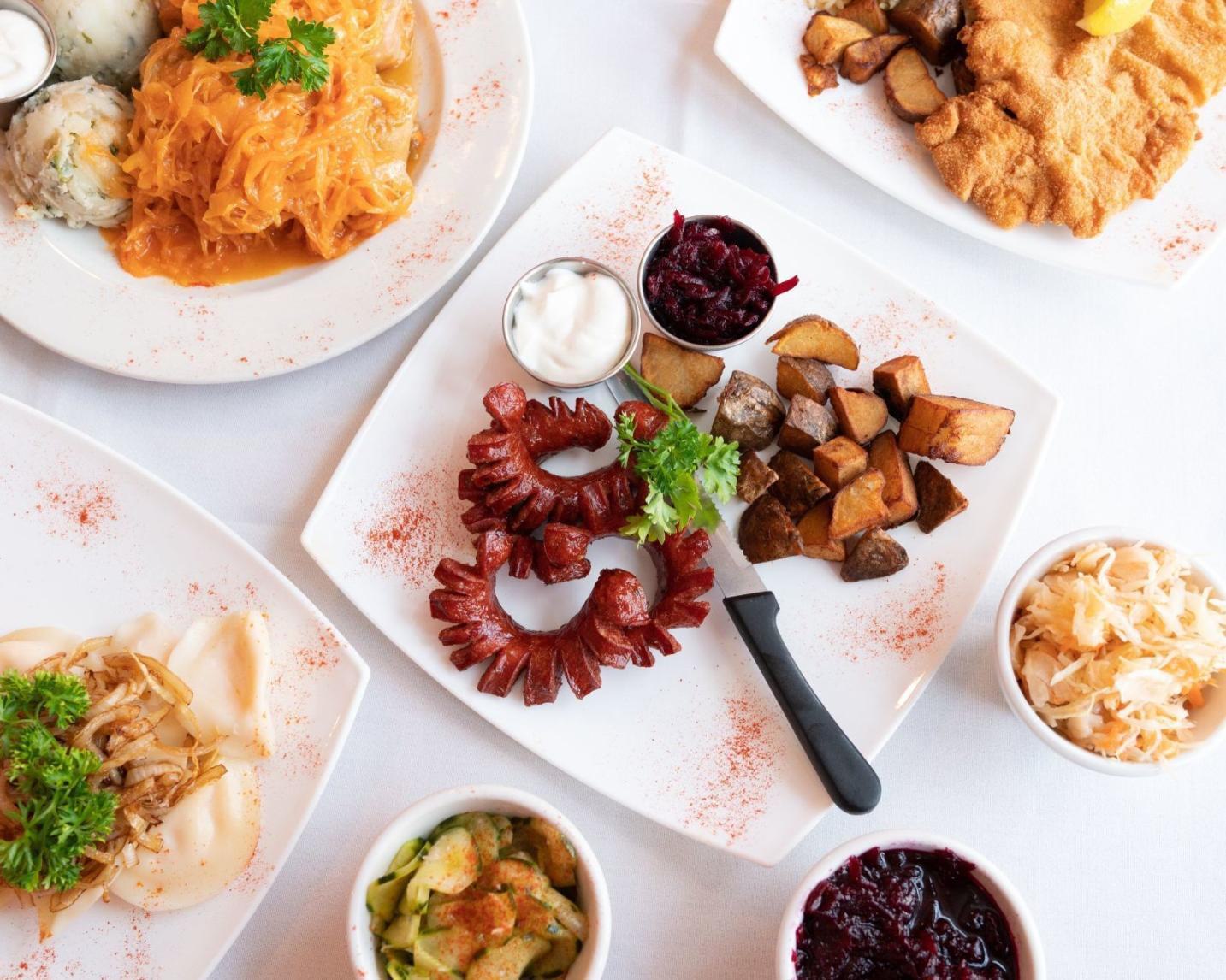 Classic German foods on a plate in a restaurant