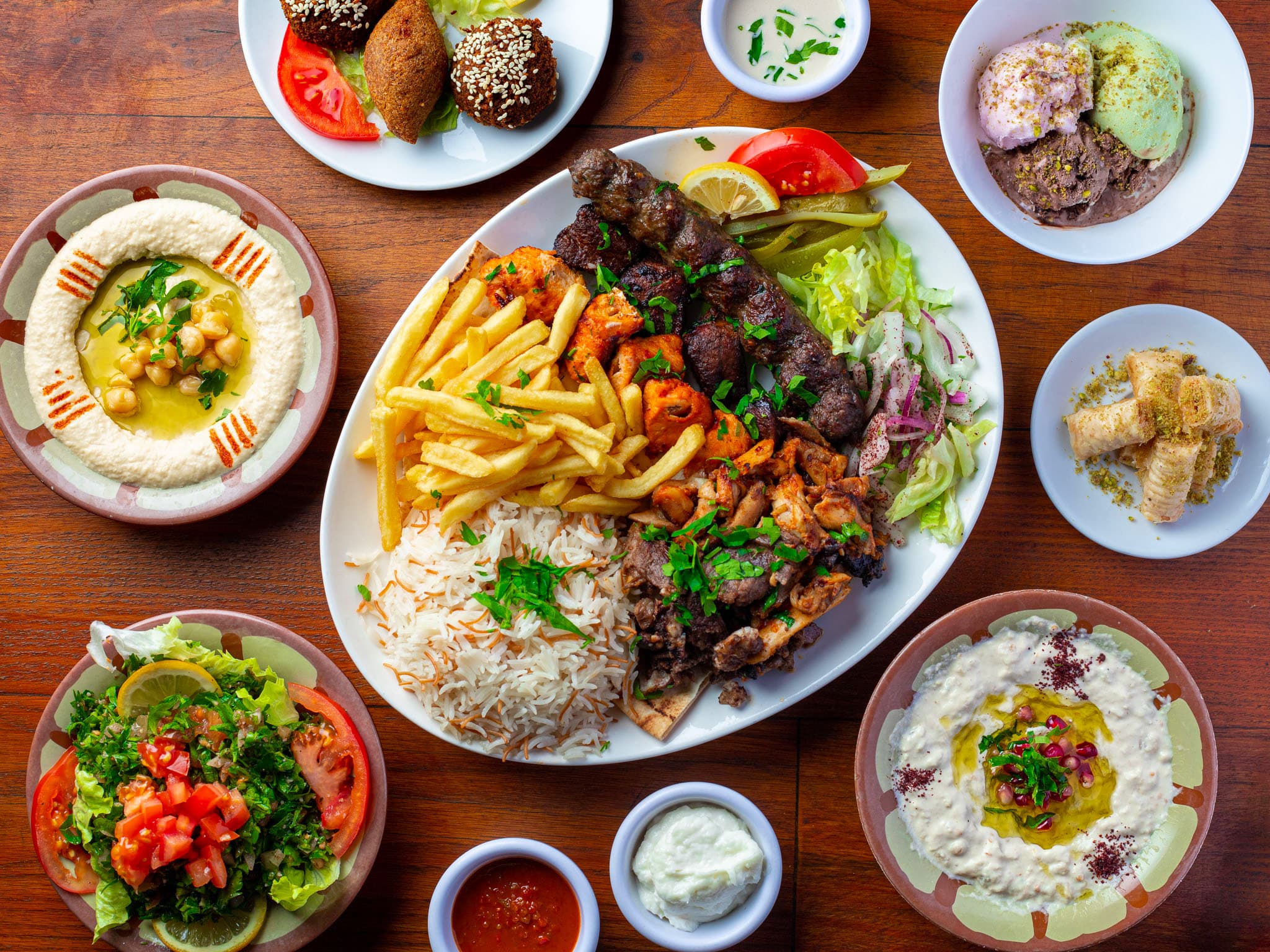 Spread of traditional Lebanese dishes from Beity Restaurant