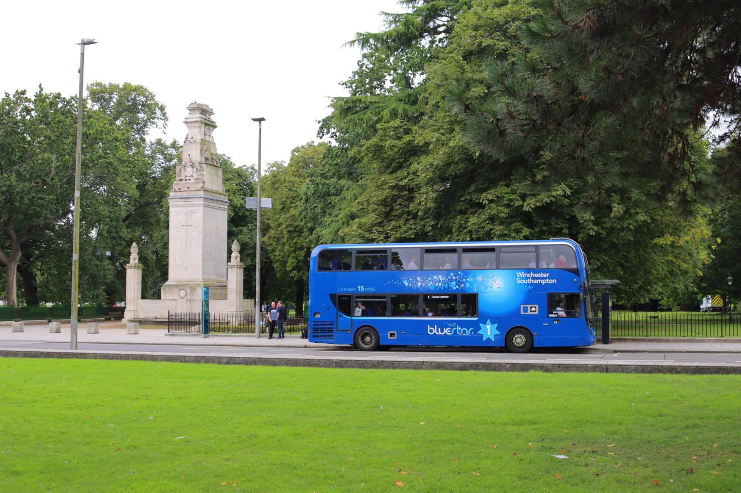 Bluestar Bus stopped at bus stop on Above Bart Street by the Cenotaph
