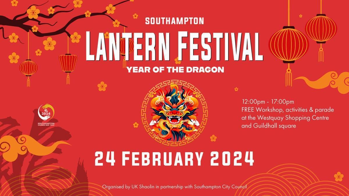 Red poster with dragon in the centre to promote Southampton Lantern Festival on 24th February 2024 for the Year of the Dragon