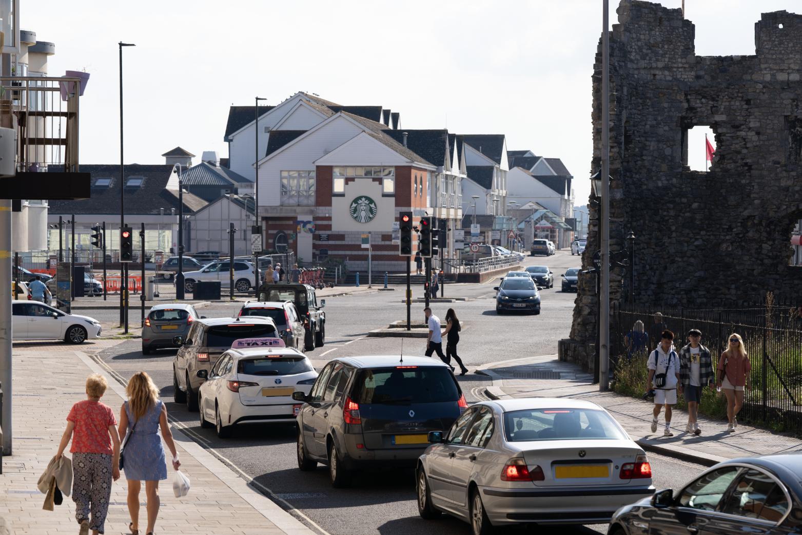 Cars stopped at red traffic light in Town Quay
