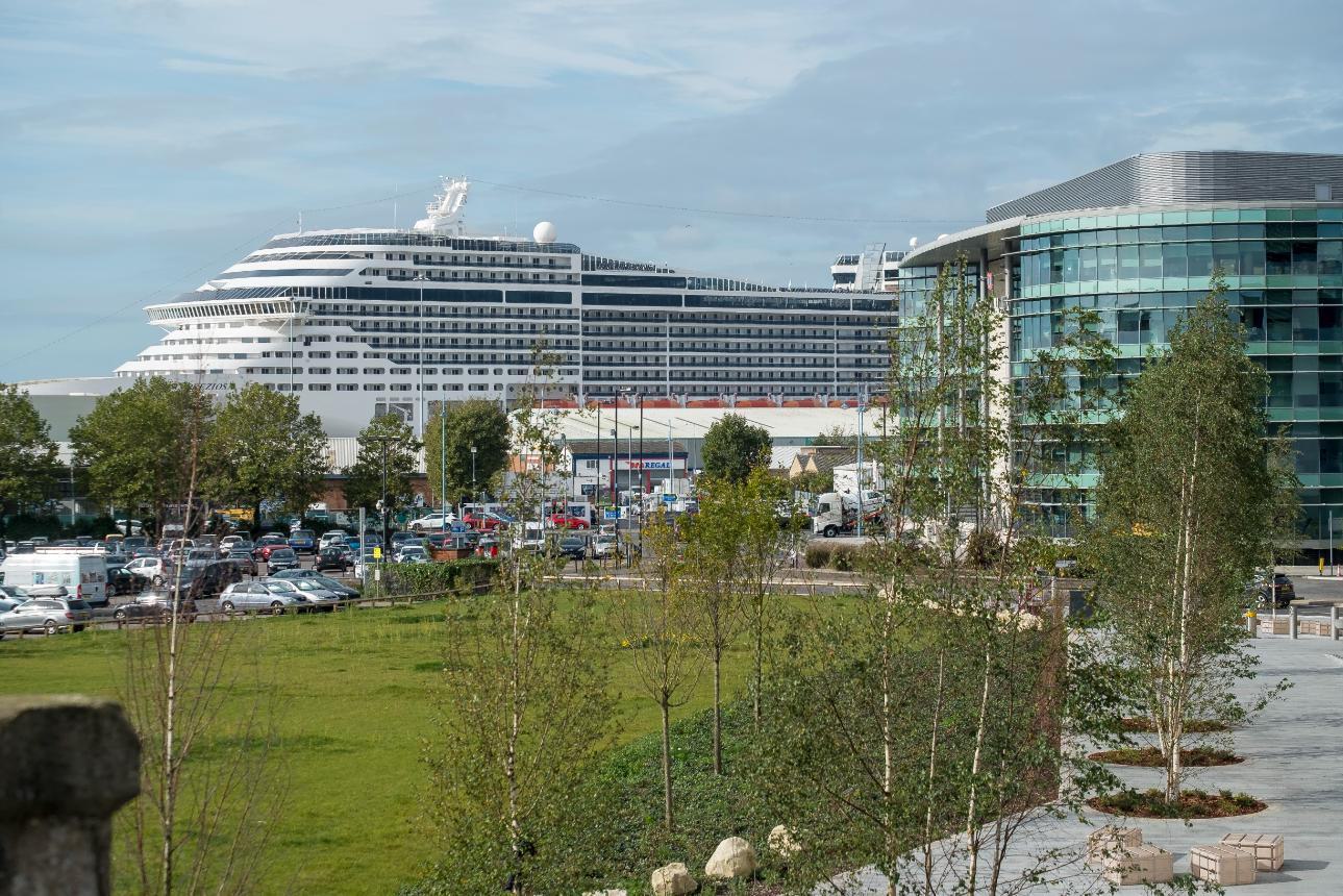 Cruise ship mooring in port in Southampton City Centre