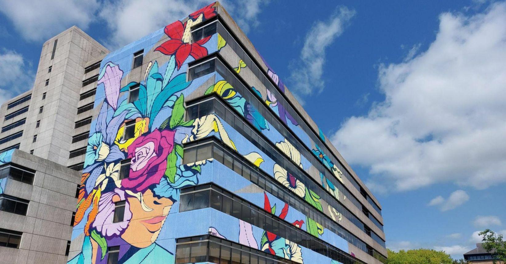 Giant colourful mural called "The Bulb" on Frobisher House