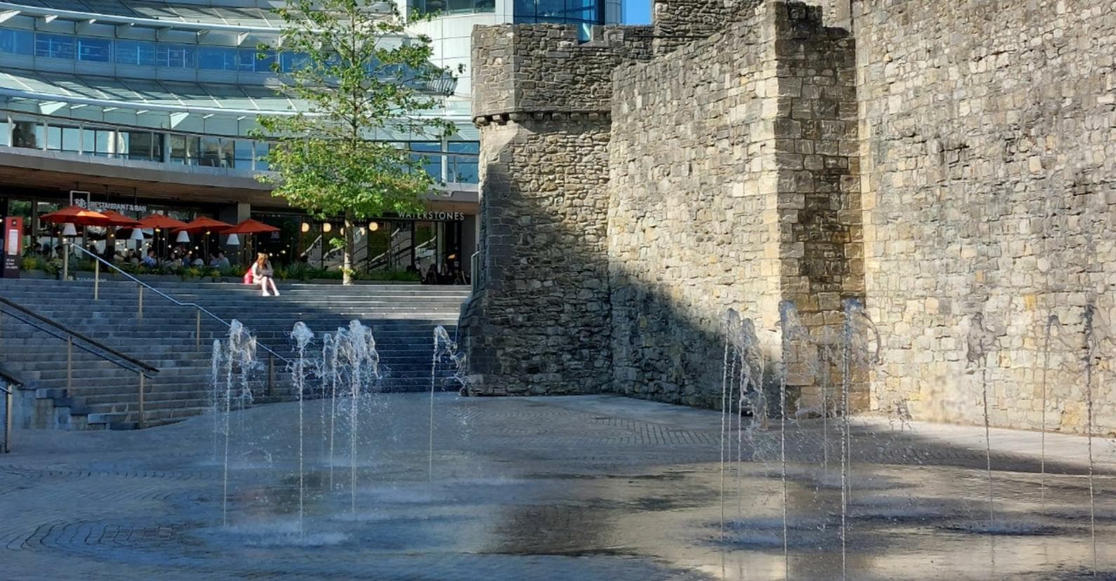 Fountains flowing in Westquay Esplanade, Southampton