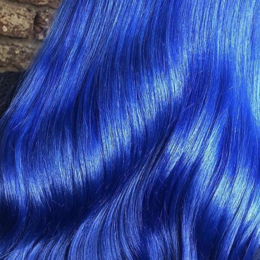 Bright blue hair by Harington hairdressers