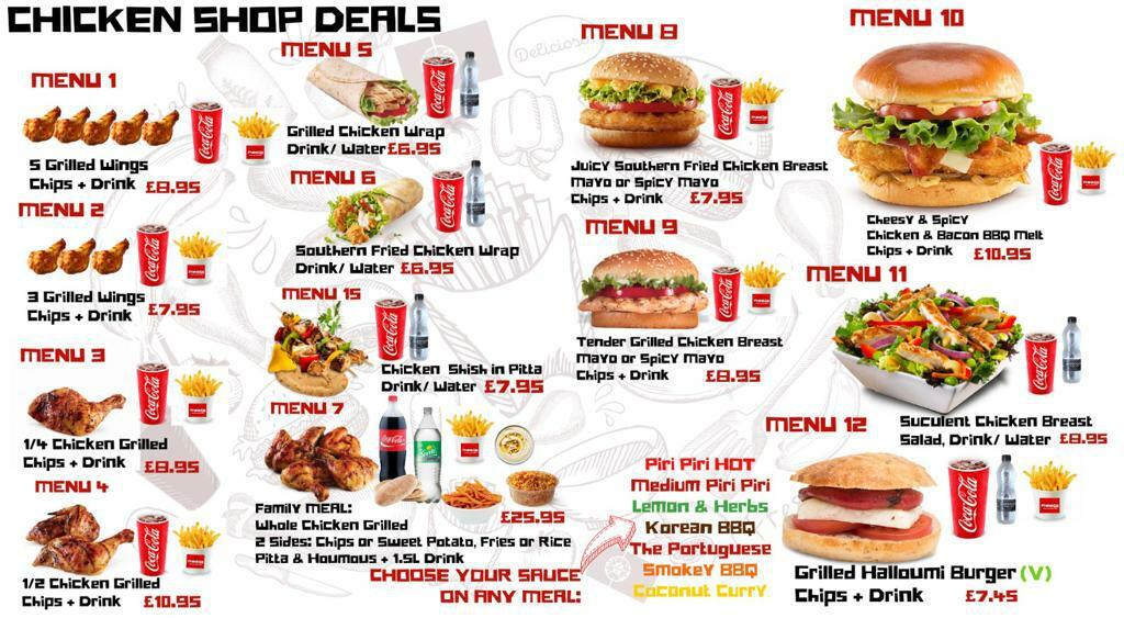 Chicken shop menu with food pictures and pricing